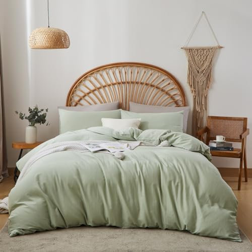 Sedefen Doppelte Musselin Bettwäsche 135x200 4 Teilig Baumwolle Leinen Grün Bettwäsche Set 2er Set,2 Bettbezug mit Reißverschluss und 2 Kissenbezug 80x80cm,85% Baumwolle und 15% Leinen Bettwäsche