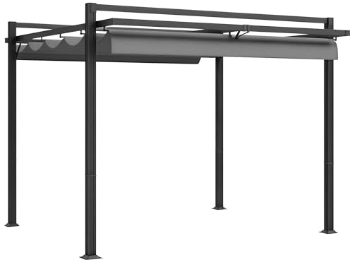 Outsunny 3 x 3(m) Pergola with Retractable Roof Canopy, Aluminium Frame Garden Gazebo Outdoor Sun Shade Shelter for Grill, Patio, Deck, Dark Grey