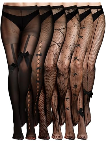 Ramede 6 Pairs Women Fishnet Thigh High Stockings Waist Tights Bow Patterned Fishnet Leggings Pantyhose for Halloween(Black,S-m)