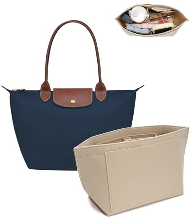 Umiup Väskorganisatör för Longchamp Le Pliage Tote med mugghållare, kompatibel med Le Pliage tygväskor/handväskor i L/S, Le Pliage med topphandtag S/M (beige, storlek S: 21 x 13 x 17 cm)