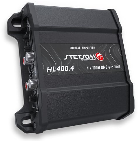 Stetsom HL 400x4 2 Ohms Amplificateur numérique compact 4 canaux, 400 W RMS 400 x 4, gamme complète, entrée élevée, gain de basse + 14 dB (réglage variable 30-75 Hz), multicanal, son numérique