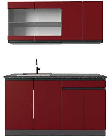 Vicco Singleküche R-Line, Rot, 140 cm J-Shape, AP Anthrazit, zur flexiblen Erweiterung mit weiteren Modulen geeignet