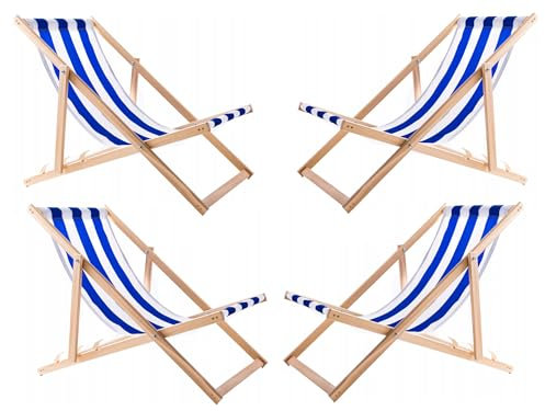 WOODOK 4-er Liegestuhl Set aus Buchenholz Strandstuhl Sonnenliege Gartenliege für Strand, Garten, Balkon und Terrasse Liege Klappbar bis 120kg (Blaue Streifen)