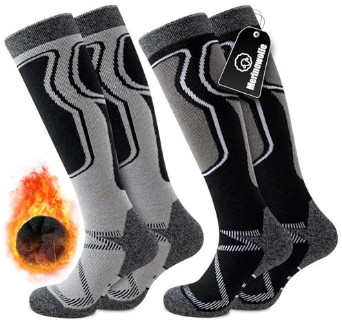 Effeet 2 Paar Skisocken aus Merinowolle für Herren Damen, Warme Gepolsterte Thermosocken Weich Winterstrümpfe, Kniestrümpfe mit Polsterung für Snowboarden Skifahren Jagen Wandern Grau & Schwarz 43-46