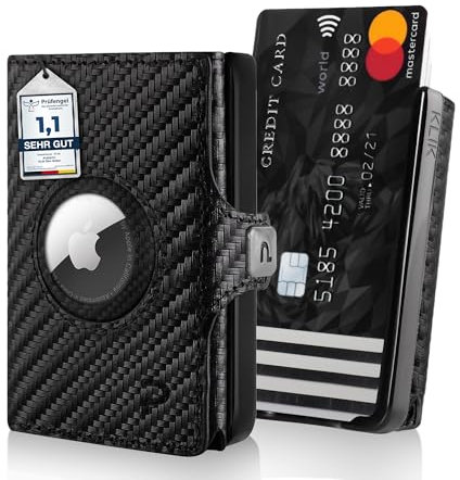 PURISTO KLIK Minimal AirTag Wallet mit Münzfach - Mini Kreditkartenetui und Geldbeutel für Herren aus Echtleder - Kleines Kartenetui mit RFID Schutz für 6-8 Karten - Carbon