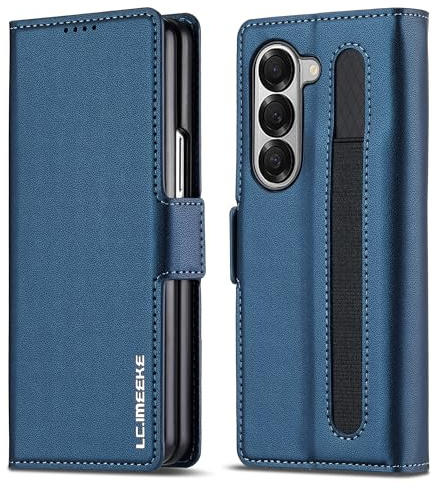 ZHOZEXIN Wallet Pu Leather Case for Samsung Galaxy Z Fold 5,Magnetic Closure Pu Leather with Pen Slot, Cash slot & Screen Protector Cover Case for Samsung Galaxy Z Fold 5 (Blue)
