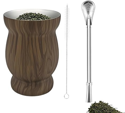 LJYING Stainless Steel Yerba Mate Cup 8oz - Double-Wall Gourd Design with Straw Spoon & Cleaning Brush, Yerba Mate Set for Mate Tea and Coffee (Wood Grain)