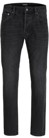JACK & JONES jeans herr stretch – Tapered jeans herr av stonewashed denim med knapprad, Mid Rise midjeband, 5-ficka, bekväma byxor i blått och svart för vardag och fritid, Svart denim, 33W / 34L