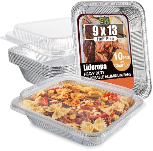 Lideropa Aluminum Pans with Clear Lids 9x13-10 Pack Aluminum Foil Pans, Heavy Duty Disposable Pans for Cooking, Baking, Meal Prep, Parties & Food Storage