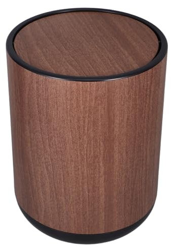 STOBAZA Cestino Per La Spazzatura In Plastica - Cestino Per La Spazzatura Rotondo Con Motivo In Legno Piccolo Cestino Con Coperchio A Ribalta Per Cucina Bagno Camera Da Letto Ufficio
