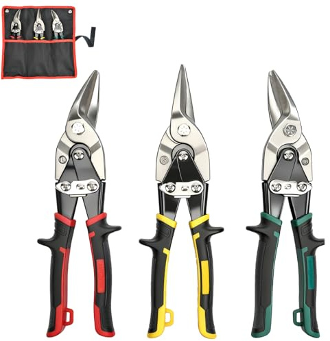ANGELSWORD 3 PC Cr-M Aviation Tin Snips Set, 10 Inch Aviation Tin Snips, Cr-M Aviation Snips for Cutting Metal Sheet, Heavy Duty Sheet