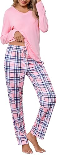 Litherday Pijama Mujer Invierno Algodón Suave Conjunto Manga Larga Cuello en V Pantalón Cuadros con Bolsillos y Cordón Cómodo Talla Grande, Cuero Rosa,M