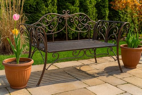 Biscottini Banco de jardín – Banco de exterior – Sofá de hierro bronceado – Banco de jardín 135 x 50 x 92 cm – Bancos de jardín de metal – Seda 2 plazas – Bancos de hierro fundido
