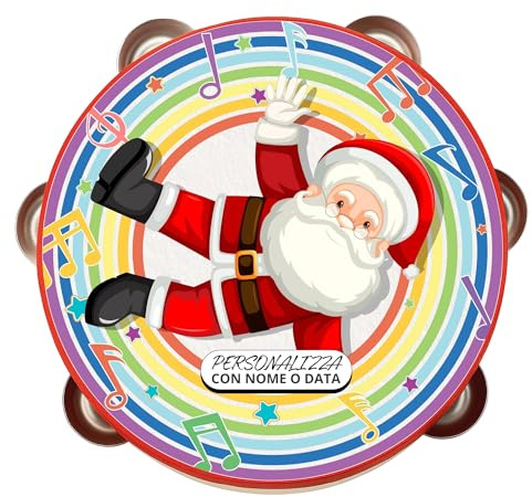 Tamburello Natalizio 18 cm con Arcobaleno, Babbo Natale e Note Musicali - idea Regalo, Natale, eventi e Occasioni Speciali - personalizzabile (Personalizzato)