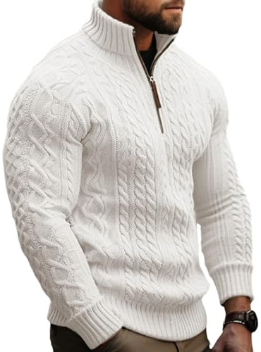 Sweat Homme, Pull XXXL, Camionneur Chauffant Cachemire Grosse Zippé Chic Irlandais Polaire Torsadé,col Rond Pure Laine Col Rouler Luxe Pull Maille Homme, Blanc XXL
