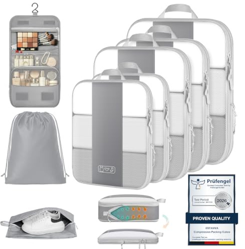 Organisateur Valise 8 Pièces – Sac de Compression Voyage en Polyester Premium, Cubes de Rangement Compressibles avec Sac de Toilette Suspendu, Sac à Chaussures et Sac à Linge, Accessoires Voyage