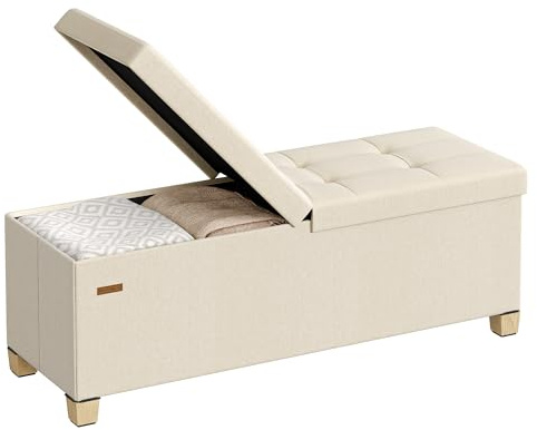 SONGMICS Förvaringsbänk med Fällbart Lock, 112 L Kapacitet | Sittbänk i Linneimitation, 300 kg Belastning, 110 x 38 x 40 cm, Sommarsand, MELISA Kollektion LSF079LF01