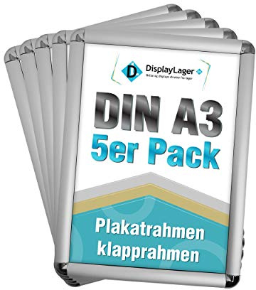 DisplayLager, Dänische Qualität - 5'er Sparpack Silber DIN A3 Rondo Klapprahmen mit 25mm Aluminium Profil, Entspiegelter Schutzscheibe, Befestigungsmaterial