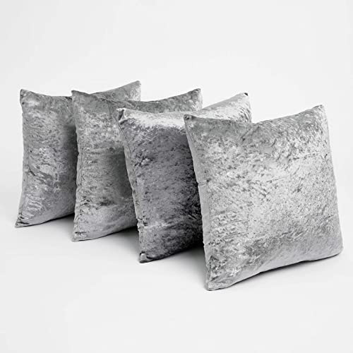Sienna Crushed Velvet Pack of 4 Cushion Covers 18 x 18 for Living Room Bedroom Plain Decorative Luxury Home Bed Sofa - 45 x 45cm, Silver Grey
