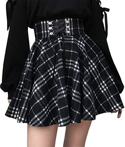 PADOLA Jupes Femme Jupe Plissée Femme Taille Haute A-Ligne Jupe Écossaise Carreaux Mini Jupe Chic et Elégant Hiver Tweed Jupe Courte Trapeze Gothique Jupe Patineuse à Lacets (Noir Blanc Plaid, XL)