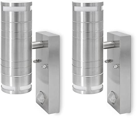 SSC-LUXon 2 Stk. Edelstahl Wandlampe mit Bewegungsmelder & Dämmerungssensor - Up Down Wandleuchte Aussen IP44 Fassung 2x GU10