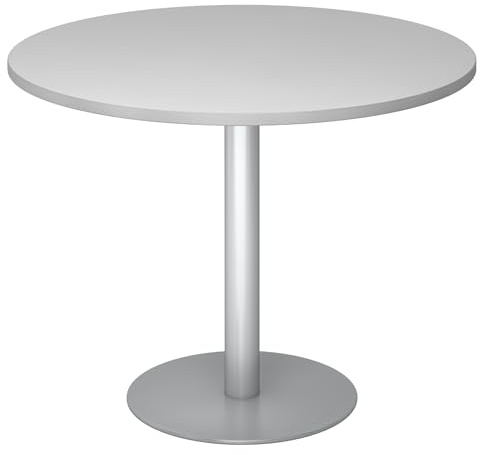 bümö Besprechungstisch, Esstisch klein, runder Tisch 100 cm - Grauer Rundtisch 2 Personen, Holzplatte, Silbermetallsäule, Konferenztisch, Bistrotisch