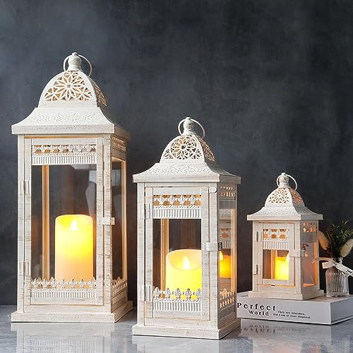 JHY DESIGN 3er-Set Kerzen Laternen 51&37&24cm Hohe Metall Hängen Laterne Dekorative Kerzenhalter Glas Gartenlaterne für Kerze Innen Outdoor Party Hochzeit Garten(Cremiges Weiß)