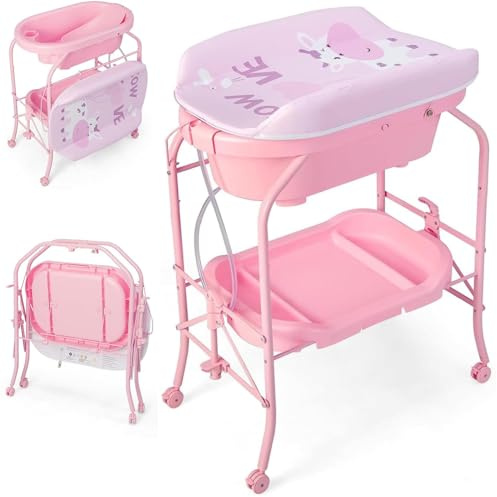 Maxmass 4-in-1 Baby Changing Table, Portable Infant Diaper Care Station with PVC Pad, Bath Tub, Storage Tray and Lockable Wheels, Folding Newborn Dresser Nappy Changer (Pink)