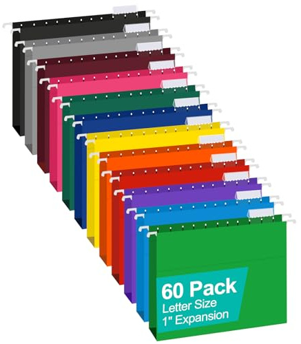 HERKKA Extra Capacity Hanging File Folders, 60 Pack Reinforced Letter Size Hanging Folders with Heavy Duty 1 Inch Expansion, Designed for Bulky Files, Medical Charts, 12 Assorted Colors