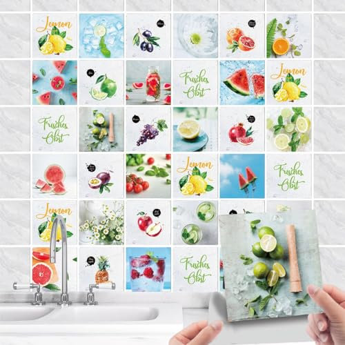 Lot de 36 Stickers Cuisine Salle de Bain et Cuisine - PVC avec citron et fruits - Imperméables à l'huile - Carrés - Pour carrelage mural, armoire, meubles (10x10)