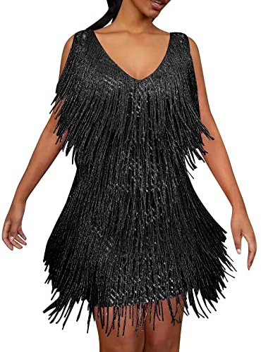 Robe à franges Gatsby des années 20 pour femme - Robe courte à franges - Vert et doré - Costume Charleston - Robe courte à paillettes - Col en V - Carnaval, Noir , M