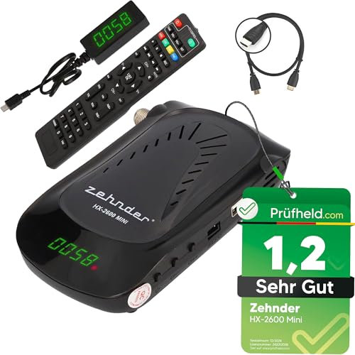 [ Test SEHR GUT, Note 1.2 *] Zehnder HX 2600 Mini Digital Sat Receiver HD + HDMI Kabel, mit Aufnahmefunktion, Satelliten HD-Receiver Satelliten-Receiver, für Satellitenschüssel Fernseher, HD fähig