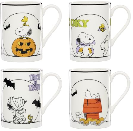 Lenox Coffee Mugs, PEANUTS The Great Pumpkin 11 Oz Mugs Set of 4, Assorted, Porcelain, Snoopy, Charlie Brown Halloween Drinkware Set, Dishwasher Safe, Microwave Safe, Halloween Decor (11 Oz 4 Piece)