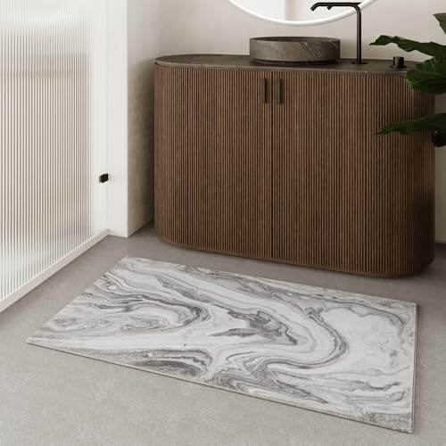 Wecon Home Jani Badteppich, 80 x 150 cm, Greige | waschbarer und rutschfester Badezimmerteppich im eleganten Marmor-Design, Höchster Komfort und moderne Ästhetik für dein Bad
