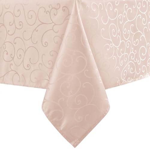 Romanstile Pink Jacquard Table Cloth, Water-Repellent,Wipe Clean, Rectangular 140 x 200 cm, Stain Resistant,Outdoor Tablecloth for Spring, Easter Celebrations, Baby Showers, Mother's Day, Tea Time