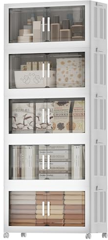 Naviconvex Storage Boxes with Lids, 5 Tier 400L Plastic Storage Box with Magnetic Doors and Wheels, Stackable Storages Boxes, Foldable Storages Drawers and Organization for Kitchen, Office, Home