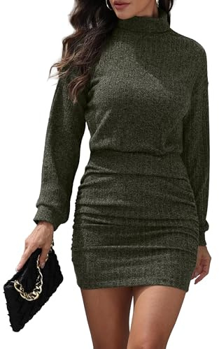 GRECERELLE Womens Jumpers Dress Winter Sexy Soft Long Sleeve Turtle Neck Cute Bodycon Mini Short Dresses with Elastic Waist, Ruched Sides