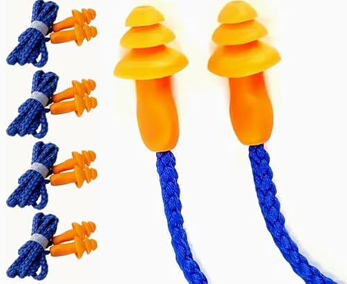 Pack of 5 Corded Ear Plugs with String - Work Ear Plugs, Noise Cancelling Ear Protectors - Reusable Soft Silicone for Safety, Travel, Surf, Sleep - Durable Cord for Secure Fit - Hearing Protection