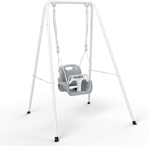 4-in-1 Baby Swing Seat Jumper Set，Seat with Safety Belt Foldable Metal Frame for Indoor and Outdoor Use ，Easy to Assemble and Store Outdoors For ages 6 to 18 months (white)
