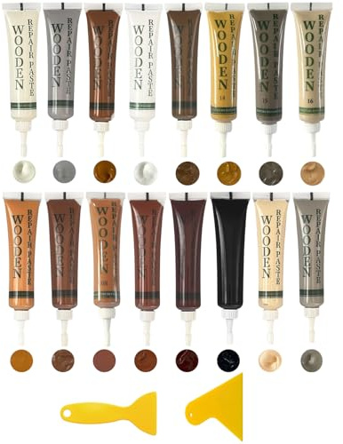 FunnAura Wood Furniture Repair Kit 16 Colours – Wood Filler for Scratches, Cracks & Holes in Oak, Natural Wood and Laminate Floors, Easy-Apply Touch-Up Paint (25g Each)
