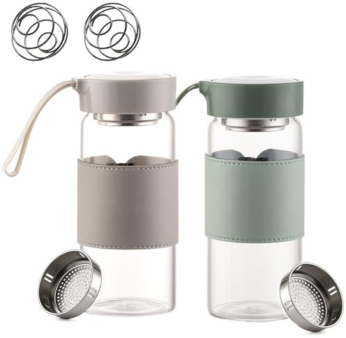 AXVRAV Pack of 2 Protein Shaker Glass, 480 ml, BPA-Free & Odourless Glass Shaker Bottle with Strainer and 304 Stainless Steel Mixing Ball, Protein Shaker Cup for Fitness Protein & Shake Drinks