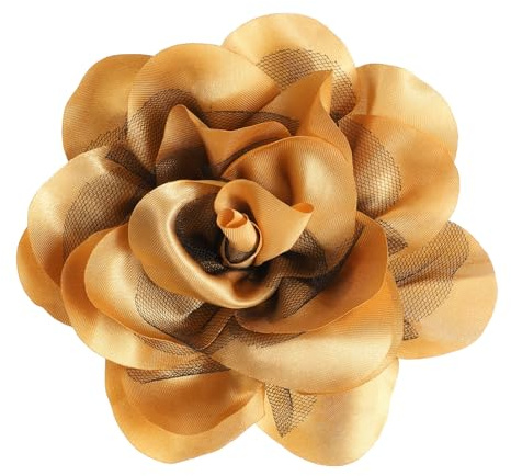 QUARKZMAN Broche De Flor De Rosa 4.3 Pulgadas Alfiler De Solapa | De Tela De Satén Hecho A Mano Elegante Pin De Flor Para Cabello Para Mujeres Boda Fiesta Baile Banquete Vestido Oro