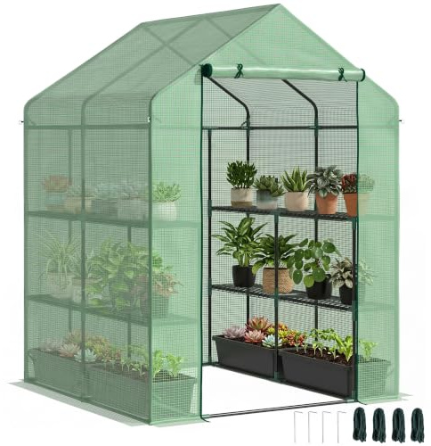 Outsunny Serre de Jardin avec Étagères 3 Niveaux 143 x 138 x 190 cm Vert | Petite Serre de Balcon, Bâche PE 140 g/㎡ Renforcée, Châssis Acier, pour Légumes et Fleurs, Intérieur et Extérieur