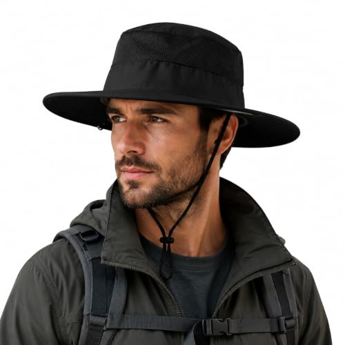 WADUBI Sun Hats for Men UPF 50+ - Mens Sun Hat with Wide Brim, Waterproof & Breathable Summer Hats for Fishing, Walking, Hiking & Outdoor Activities (Black)