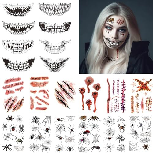 Halloween Tattoo Gesicht, 20 Blatt Halloween Kostüm Damen Herren Gruselig Accessoires, Teufel Zombie Vampir Skelett Kostüm Zubehör, Kinder Erwachsene Fake Tattoos Horror Kunstblut Party Mitgebsel