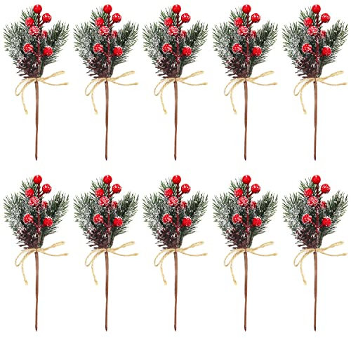 CYIOU 10 Piezas Ramas Pino Navidad Acebo Pino Artificiales Tallos Spray de Nieve Aerosol con Conos Pino Usado para DIY Navidad DecoracióN Guirnalda Boda Fiesta Adornos