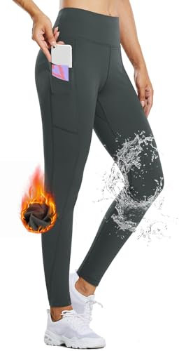 baleaf Damen Thermo Leggings Wasserabweisend Hose Winter Laufhose Sporthose Wanderhose Fleece gefüttert mit Seitentaschen Grau M
