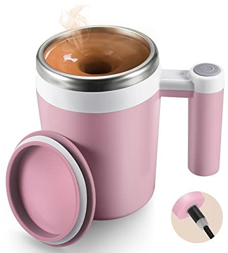 Self Stirring Coffee Mug: Rechargeable Automatic Self Stirring Mug with Magnetic Stirrer and Lid,Travel Coffee Cup for Milk/Cocoa/Office/Travel/Best Gifts 13oz(Pink)