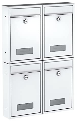 BASI | Lot de 4 boîtes aux Lettres murales compactes | Format DIN B5 | Acier Blanc Mat | Plaque Nominative | 2 clés chacune | Matériel de Fixation Inclus | Ensemble 4 pièces