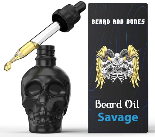 Beard and Bones - Huile à Barbe 60ml pour Homme | Sans Noix | Jojoba, Squalane & Argousier | Flacon Crâne en Verre Noir | 6 Parfums (Savage)